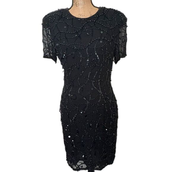 Vintage 80s Night Line Beaded Shift Dress 100% Silk Black Modern Size Small - Picture 1 of 8